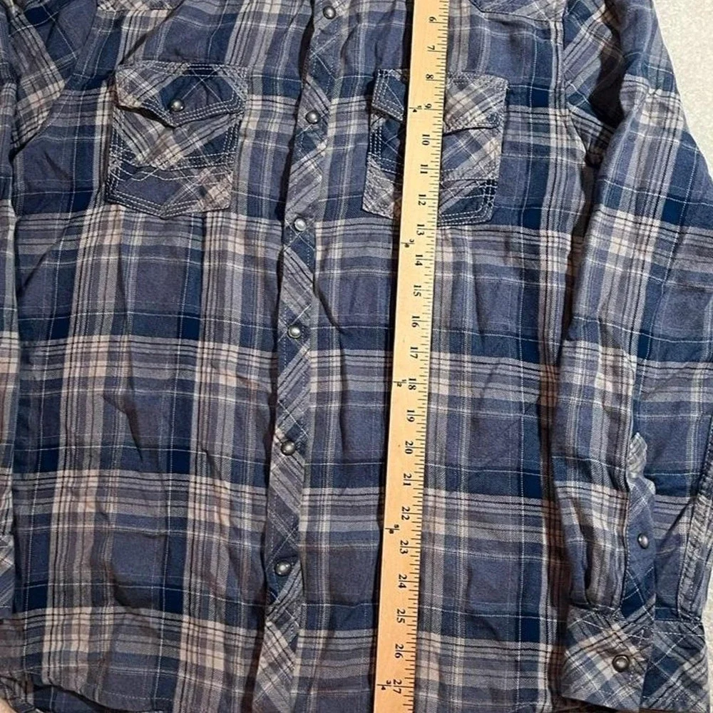 BKE Western Pearl Snap Shirt Mens Medium Blue‎ Plaid Athletic Fit Flannel B2771